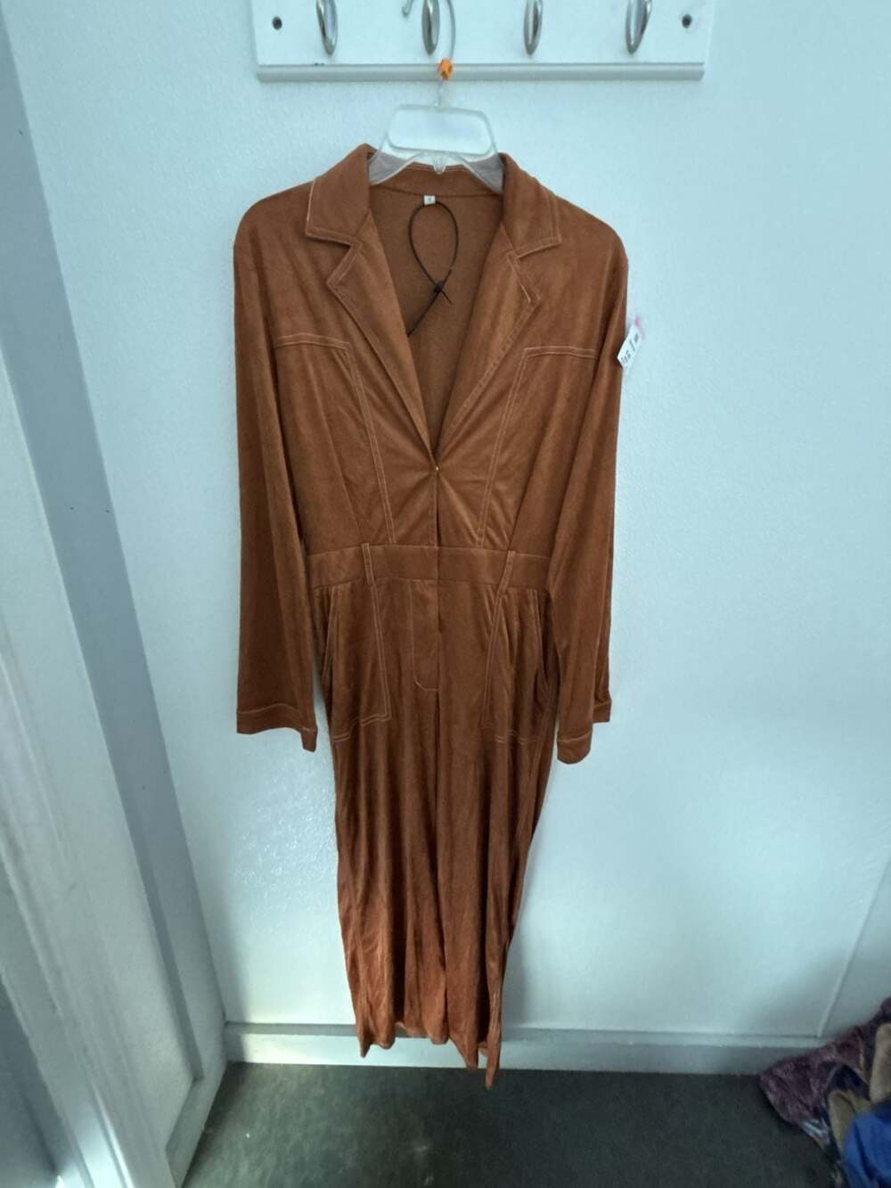 Oyrosy Brown Faux Suede Long Sleeve Jumpsuit